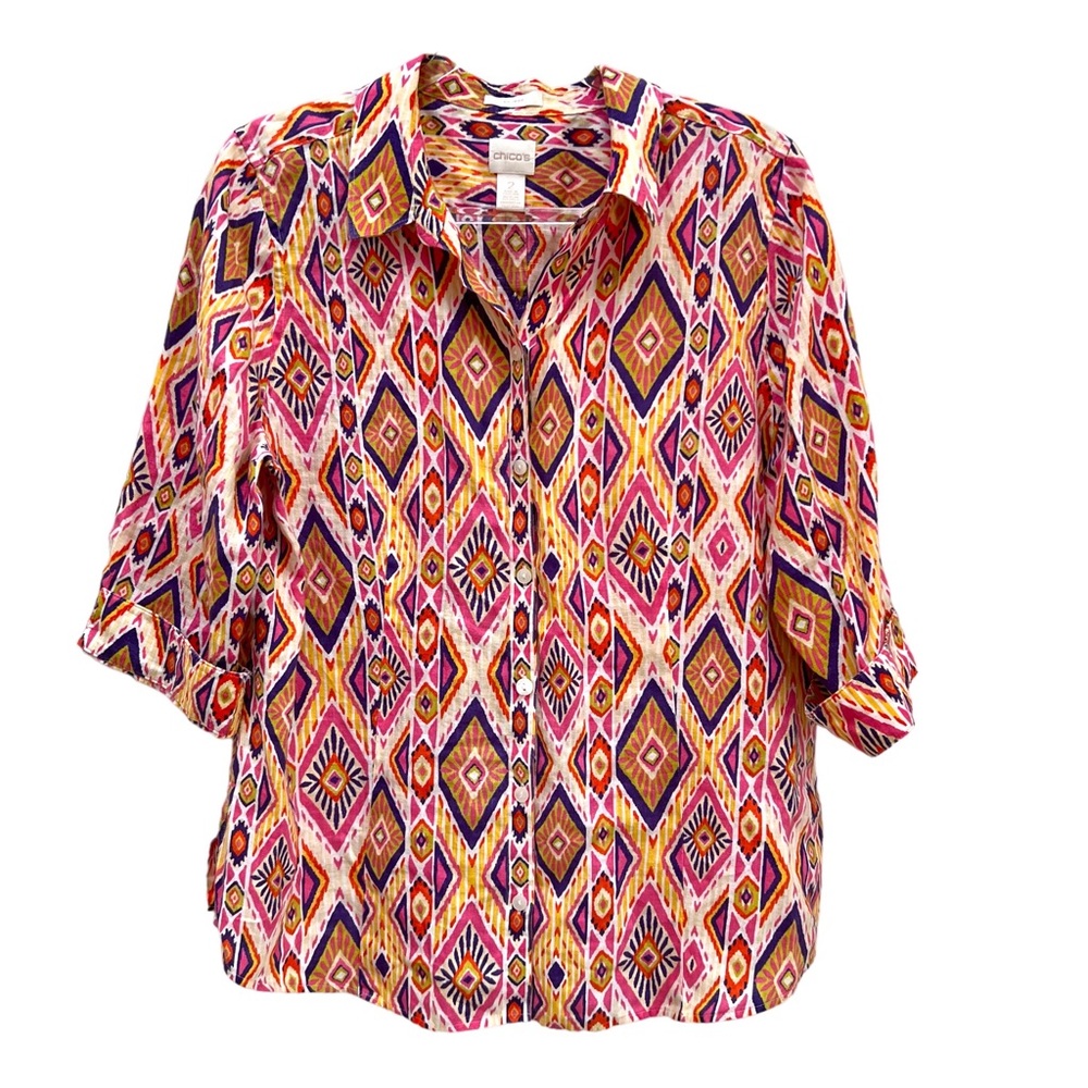 Chico’s No-Iron Linen Ikat Button-Back Shirt Size 2 Colorful Summer Tribal Boho